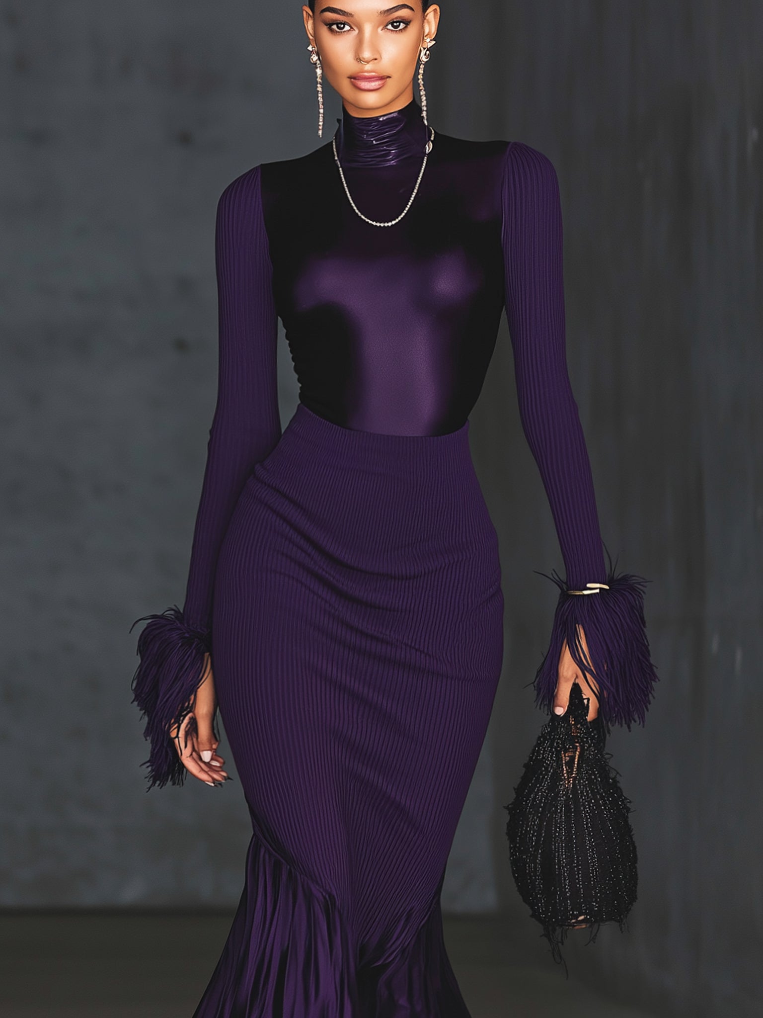 Purple Ribbed Knit Flared Long Sleeve Maxi Dress