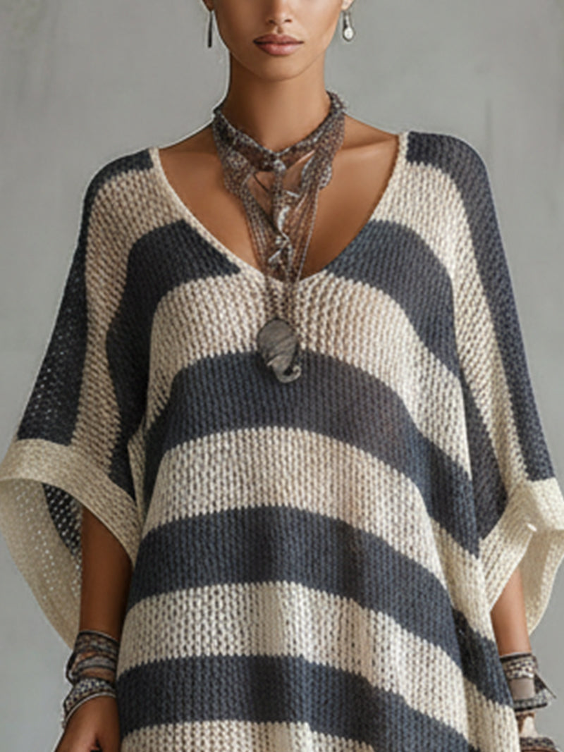 Navy And Cream Striped Loose Knit V-Neck Mini Dress