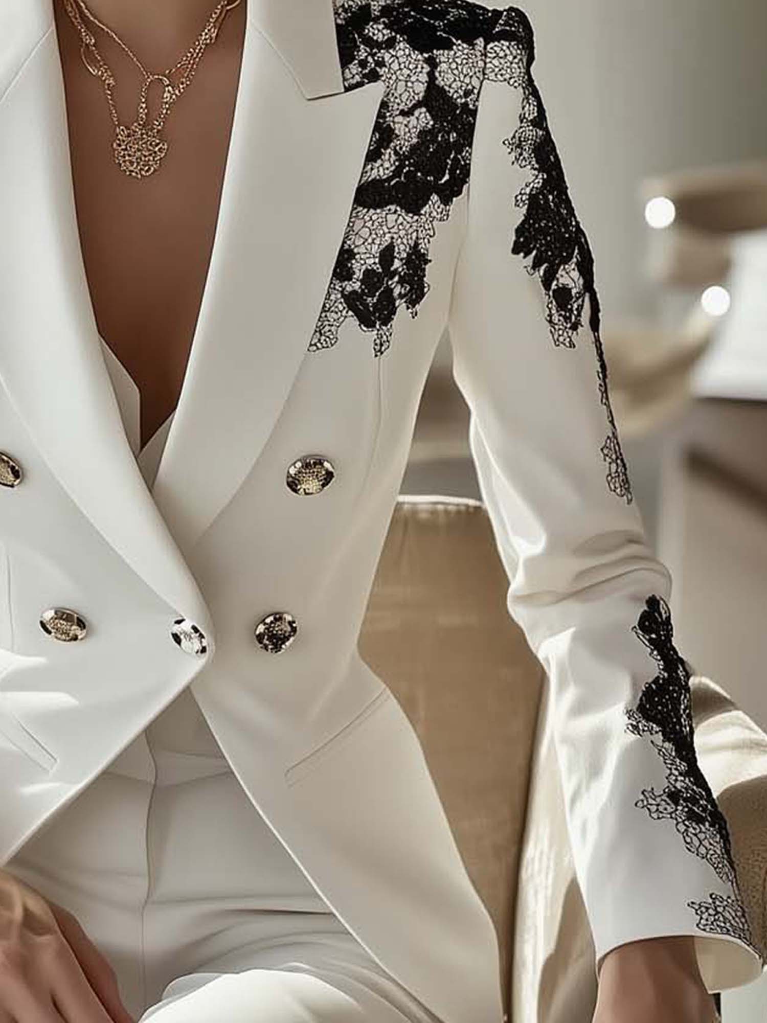 Office Lady Elegant Black Lace Print White Blazer