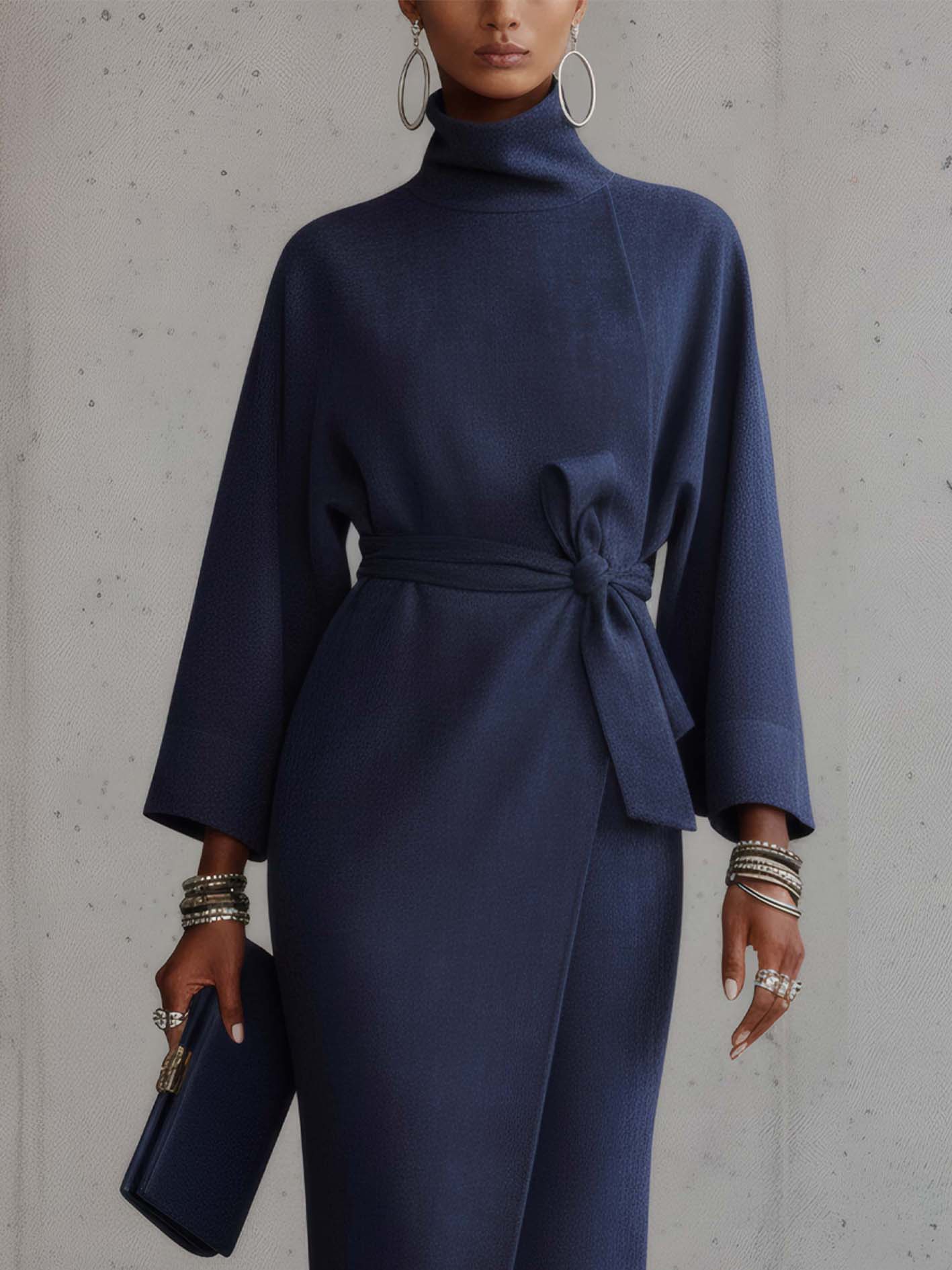 Dark Blue Faux Suede Turtleneck Maxi Dress With Belt
