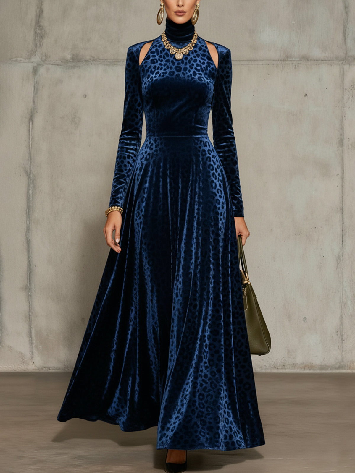 Blue Velvet Leopard Print Maxi Dress With Cut-Out Shoulders