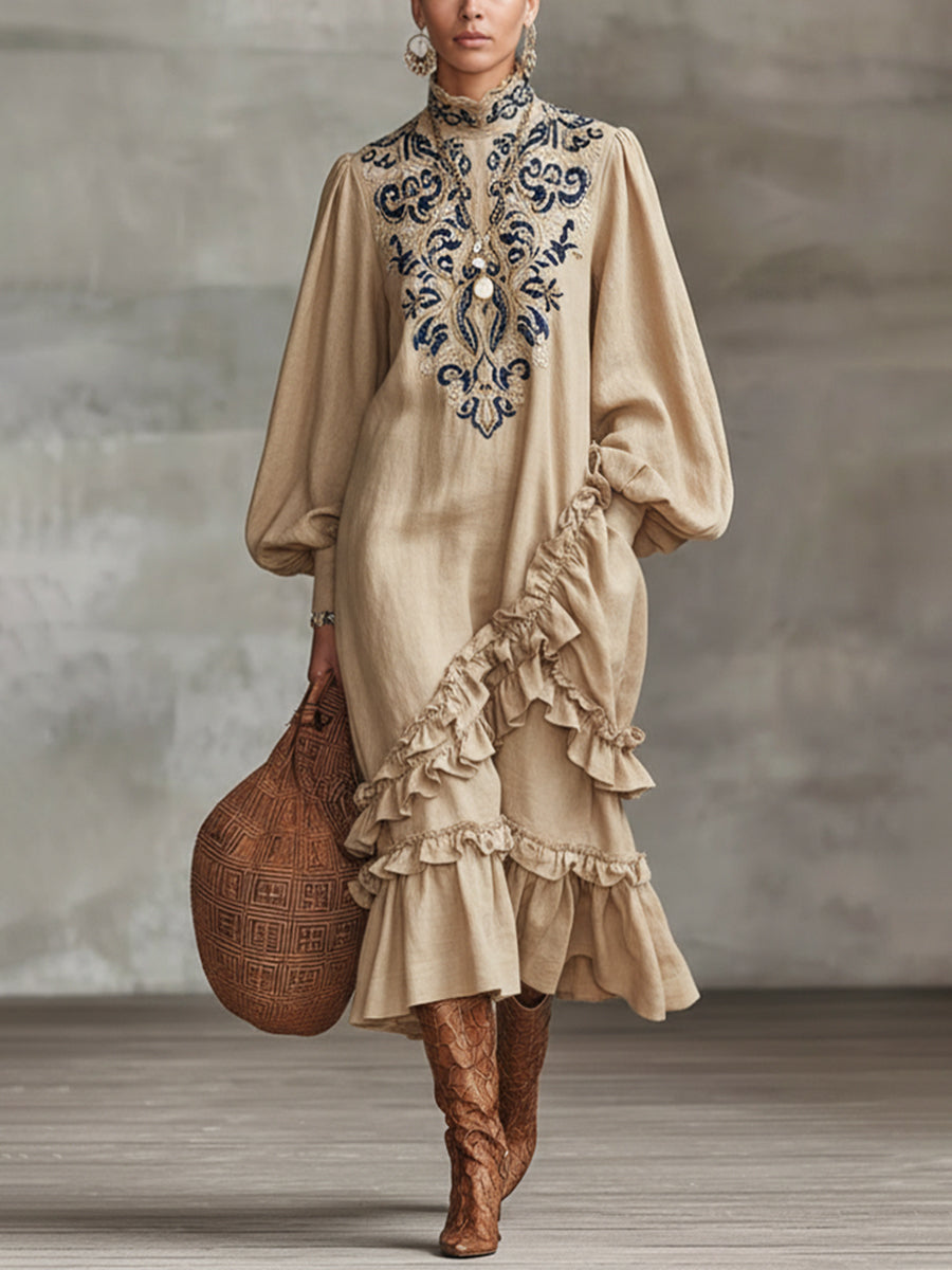 Khaki Embroidered Linen Blend Ruffle Maxi Dress