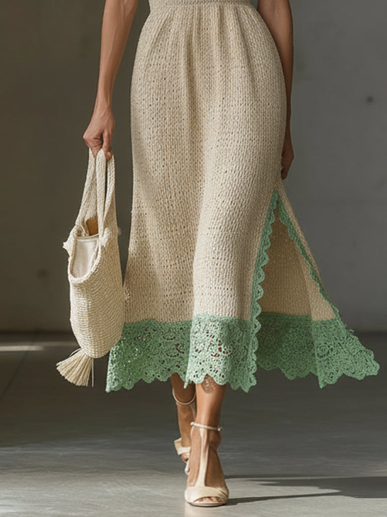 Beige Lightweight Knit Lace Trim Maxi Dress