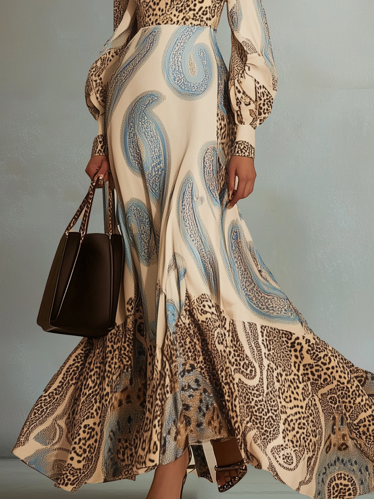 Paisley And Leopard Print Long Sleeve Maxi Dress
