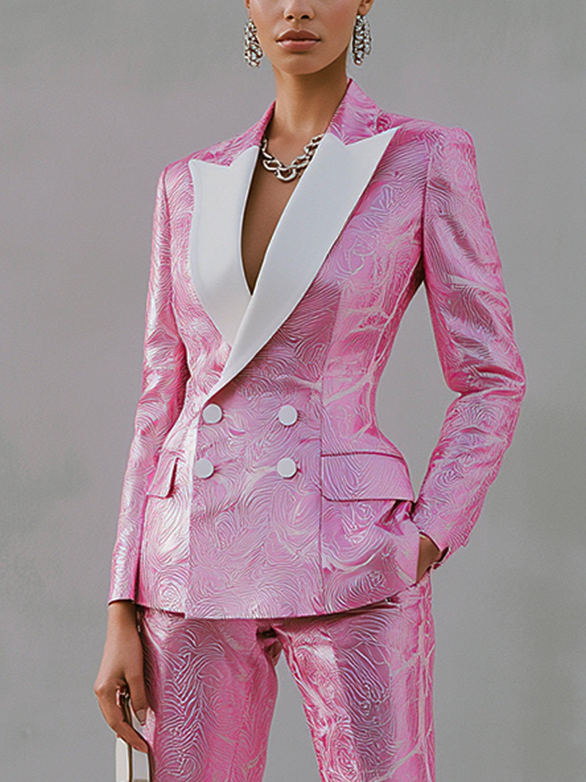Pink Satin Print With White Collar Suit