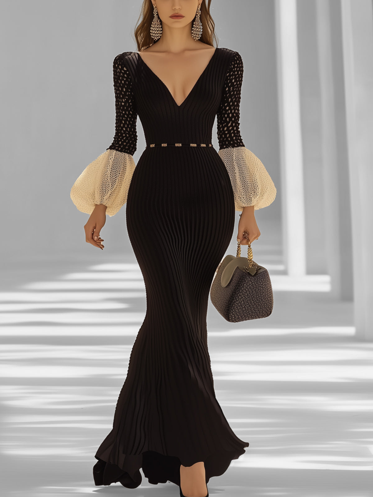 Black Maxi Dress With Contrast Balloon Sleeves