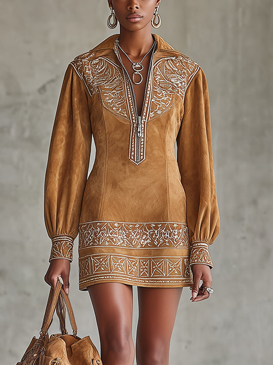 Camel Faux Suede Mini Dress With Embroidered Details And Zip Front