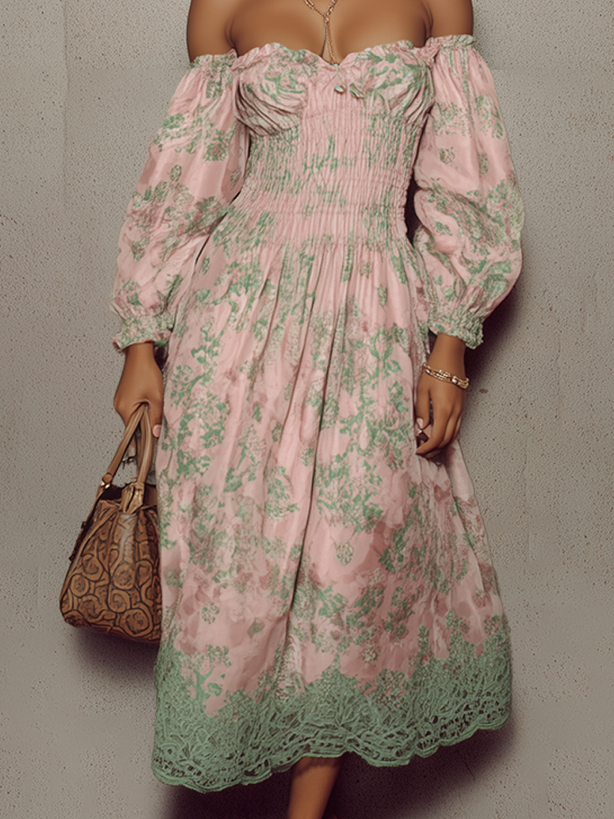 Light Pink And Green Off-Shoulder Lace Midi Dress