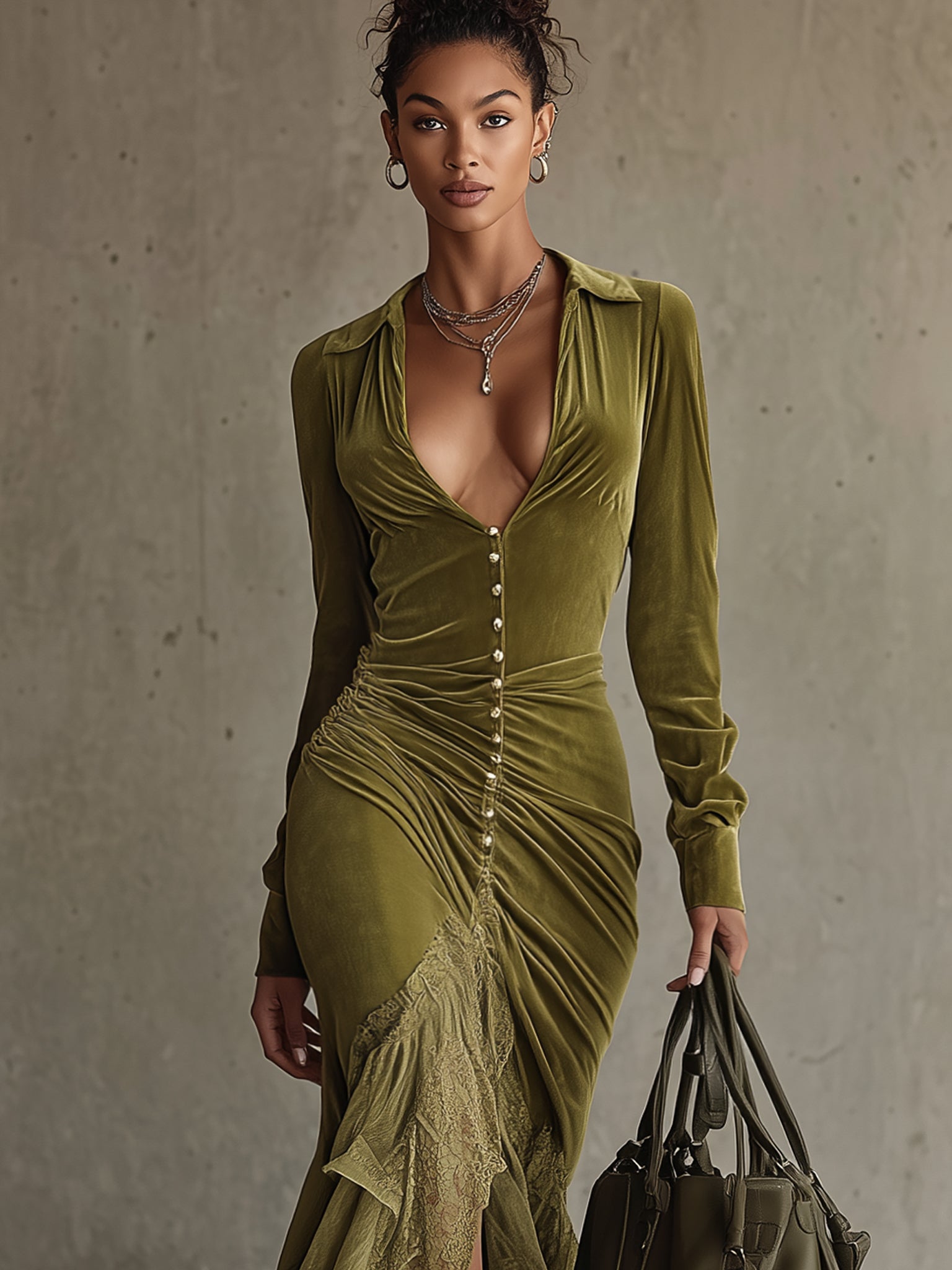 Olive Velvet Deep V-Neck Mermaid Dress With Lace Hem