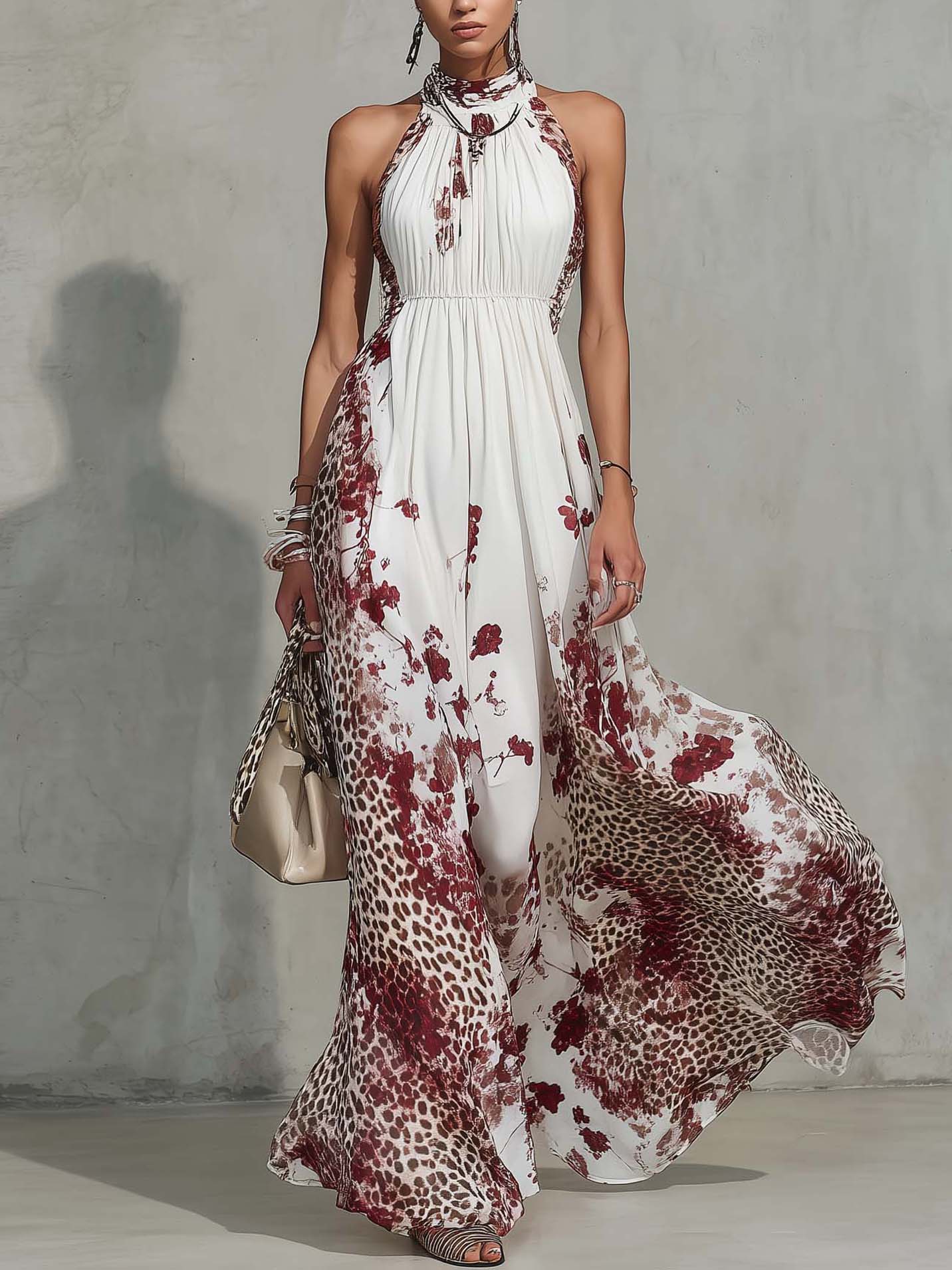 White Chiffon Maxi Dress With Floral And Leopard Print