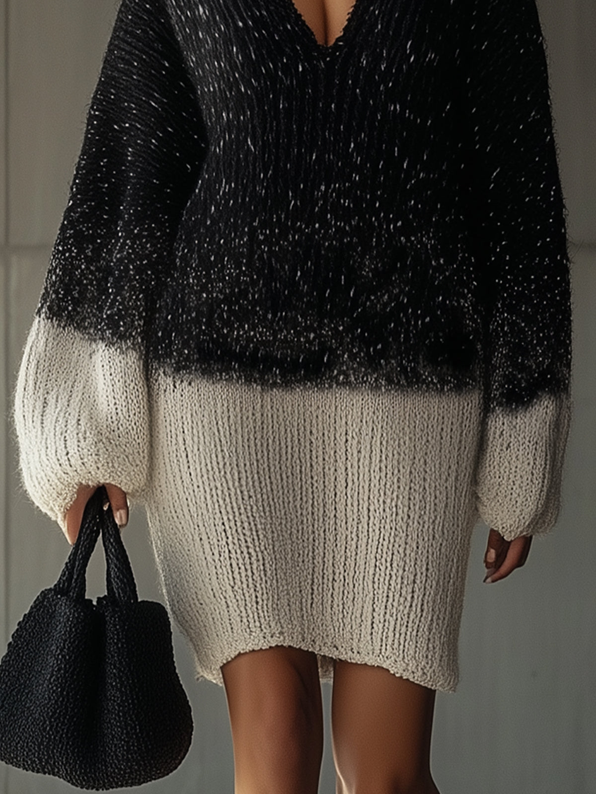 Black And White Colorblock Knitted Casual Dress