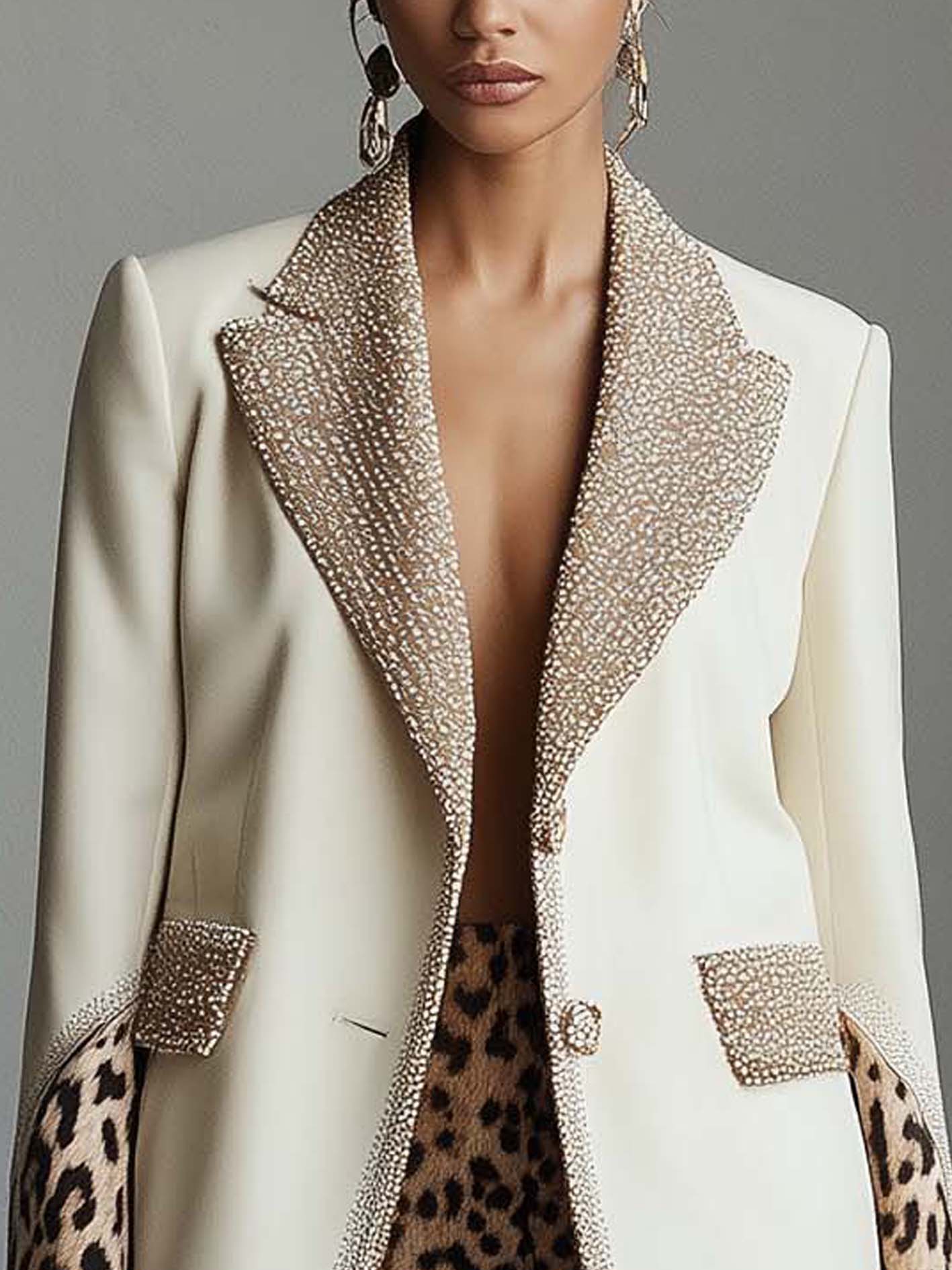 Beige Blazer With Champagne Gold Glitter Ribbon And Leopard Print