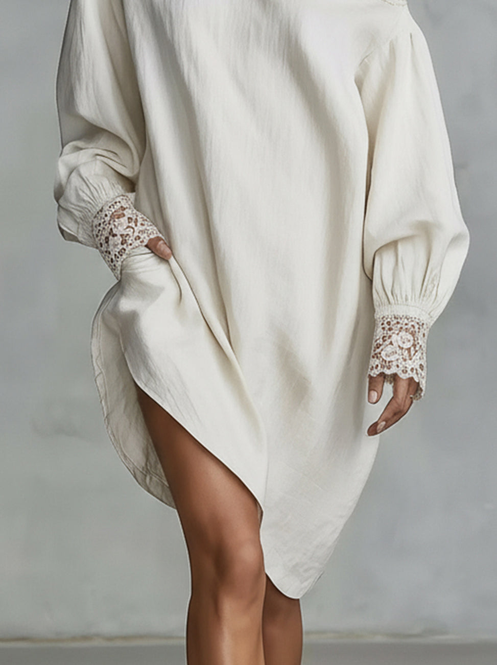 Ivory One-Shoulder Lace Trim Long Sleeve Linen Mini Dress