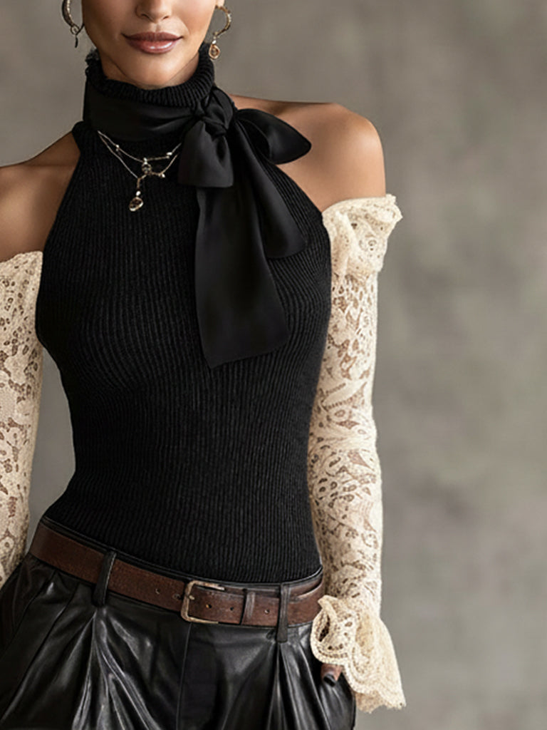 Black Knit Off Shoulder Top With White Lace Sleeves