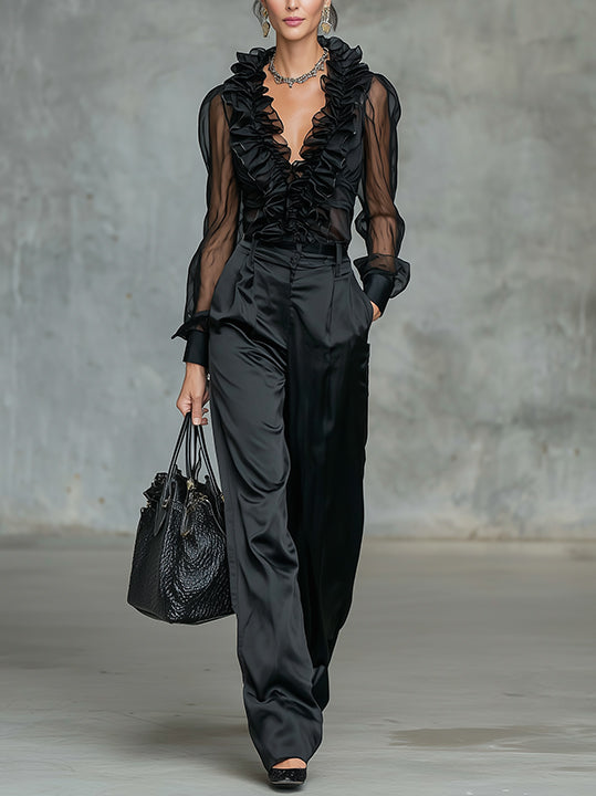 Black Sheer Ruffled Organza Blouse With Deep V-Neck
