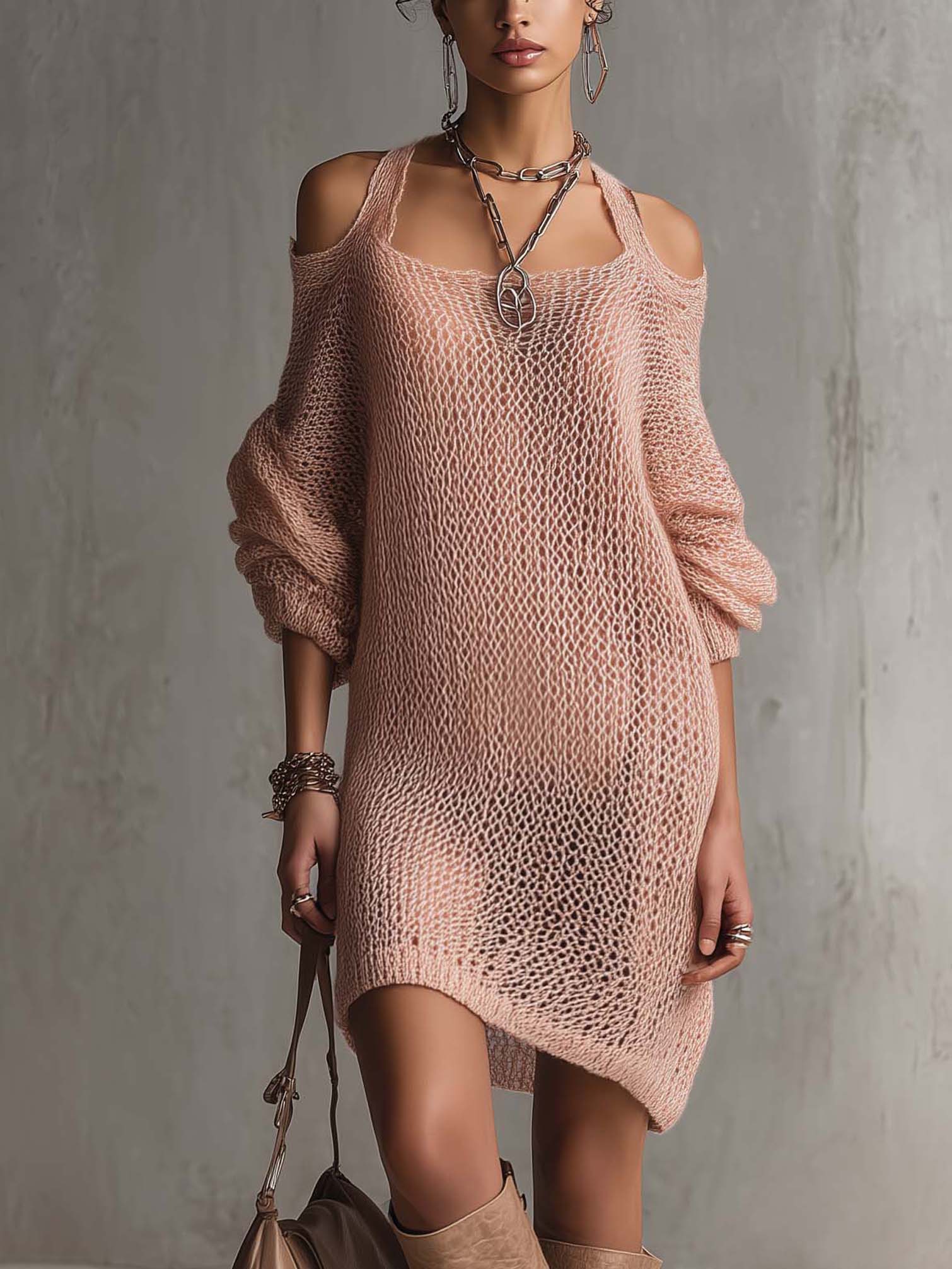 Pink Knit Cold Shoulder Mini Dress