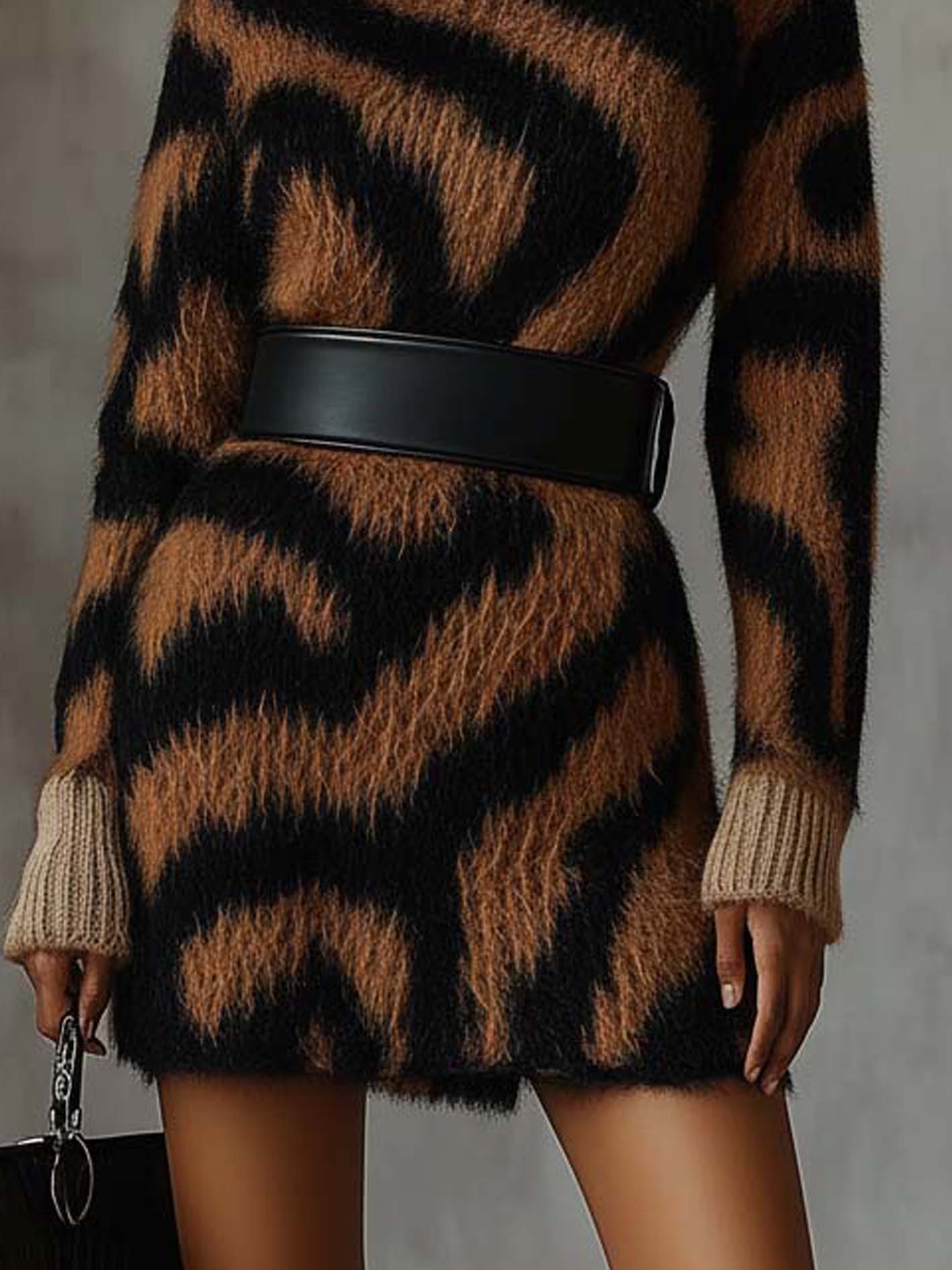 Brown Faux Rabbit Fur Knit Mini Dress With Belt