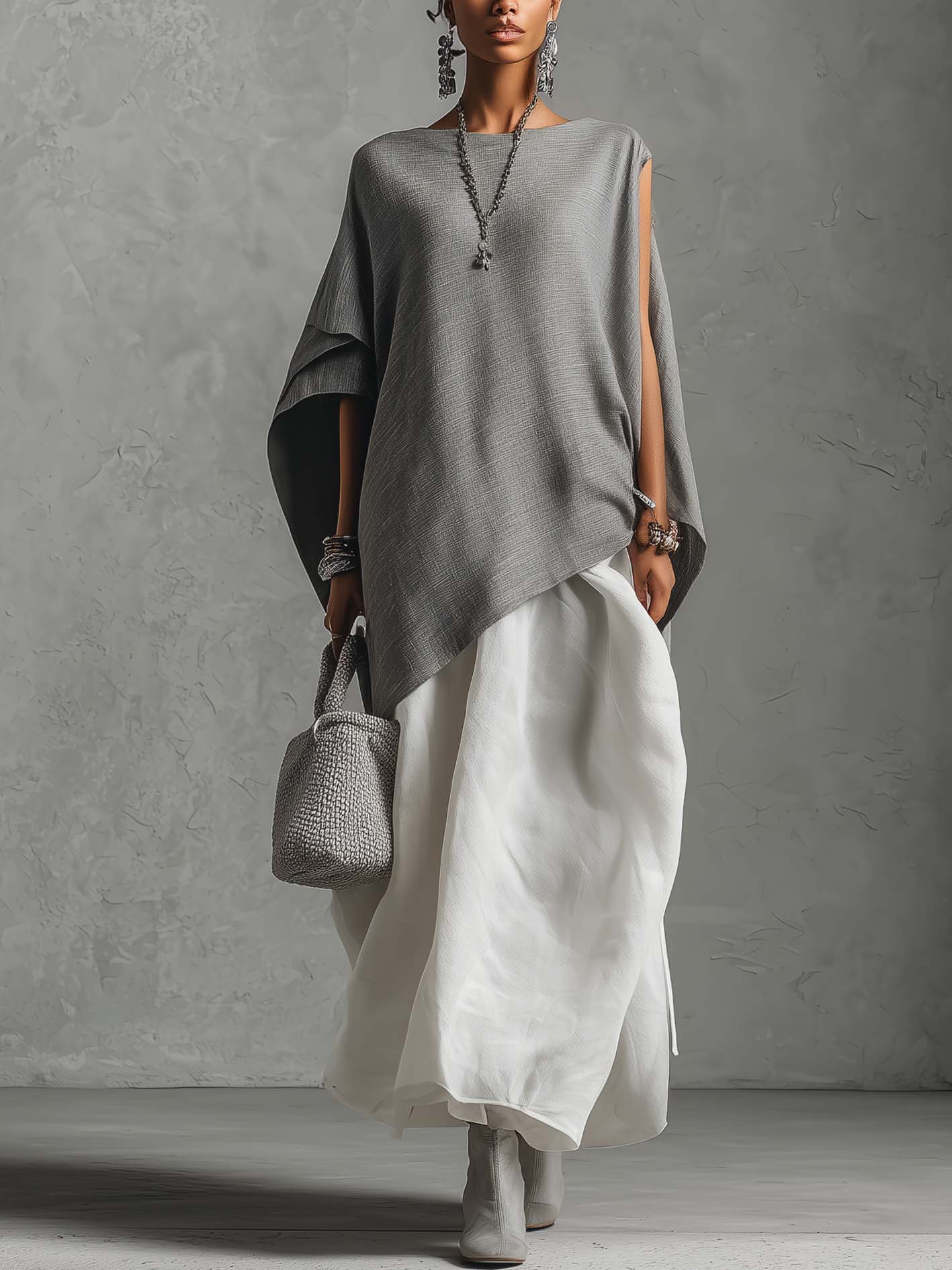 Gray And White Cotton Linen Dress Set