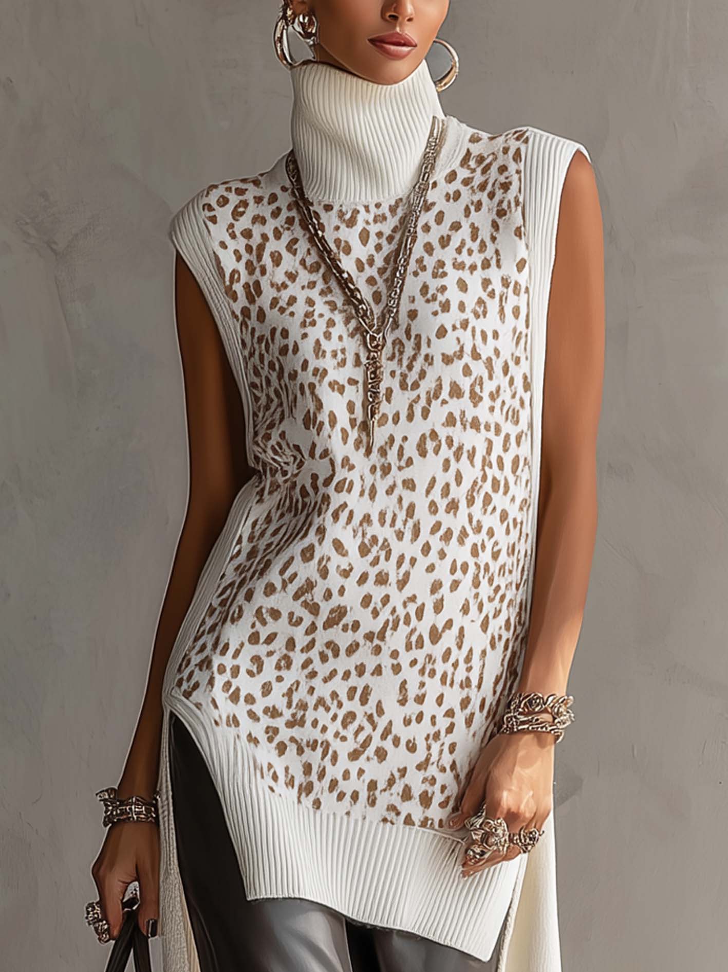 White Leopard Patchwork Feather Hem Sleeveless Turtleneck Sweater