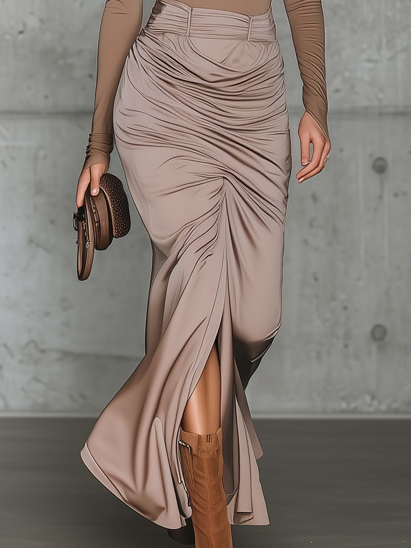 Light Coffee Satin Stretch Bodycon Top And Ruched High Waist Split Skirt Set