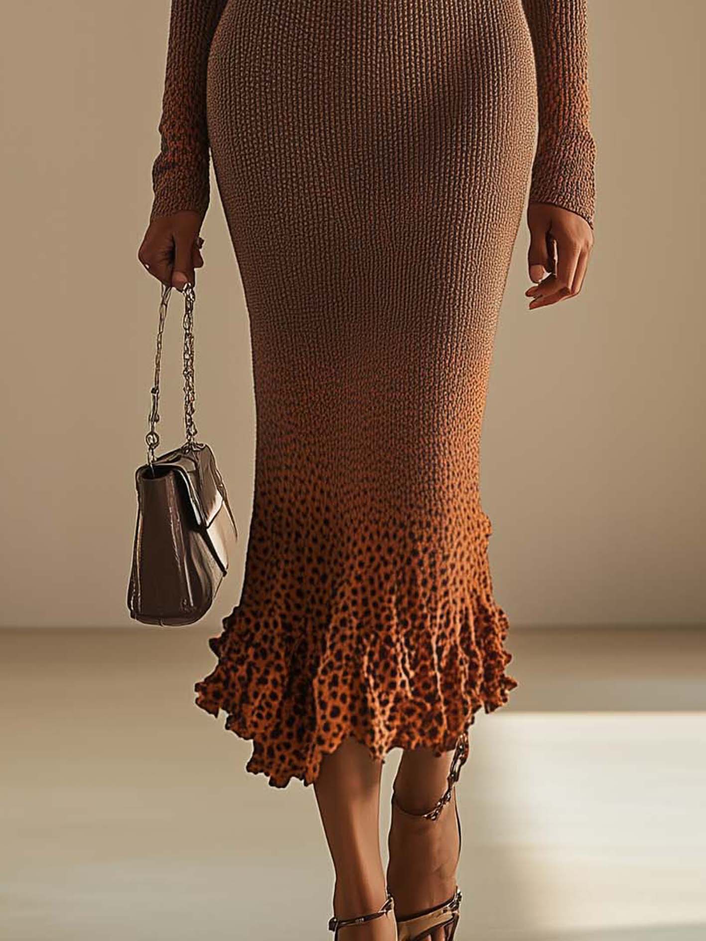 Dark Brown Knitted Midi Bodycon Dress With Orange Gradient