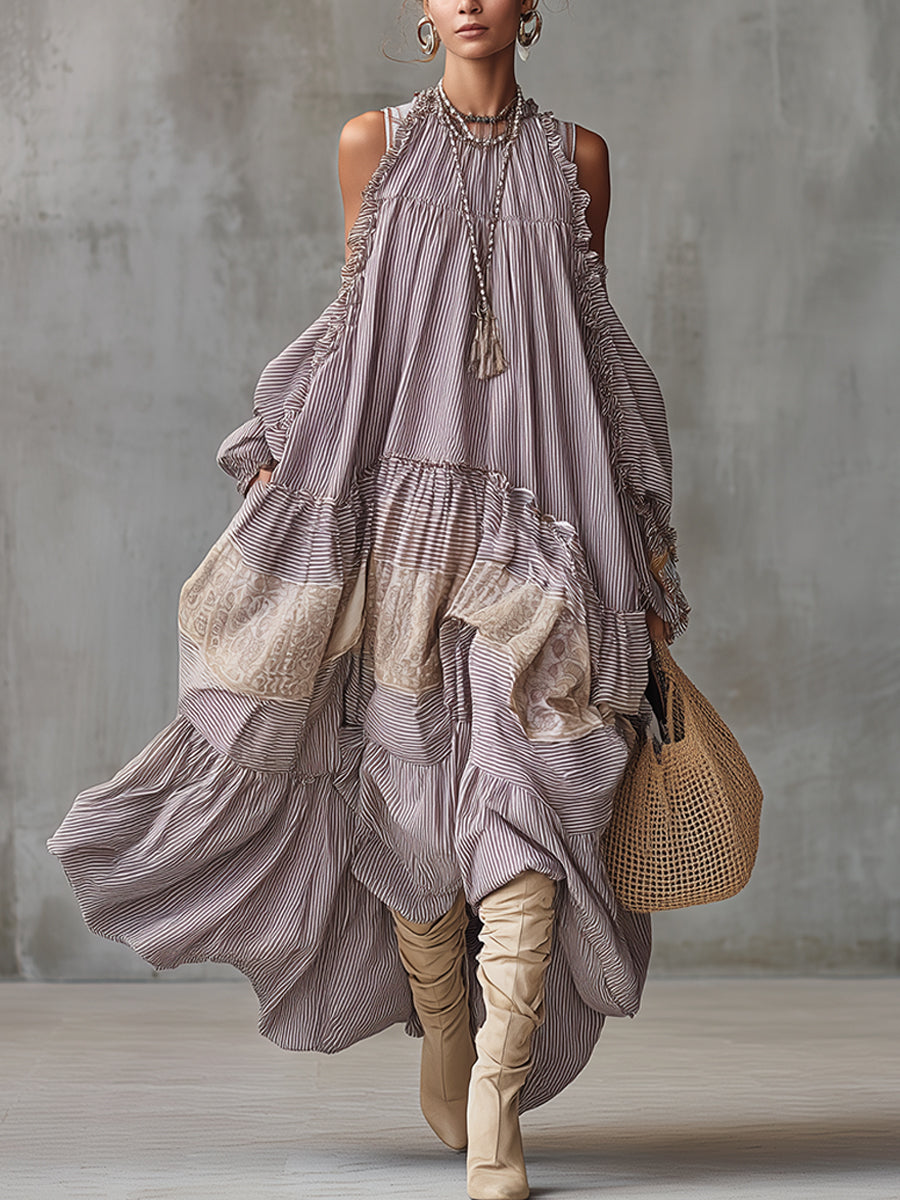 Lavender Printed Cotton Linen Loose Lace Maxi Dress