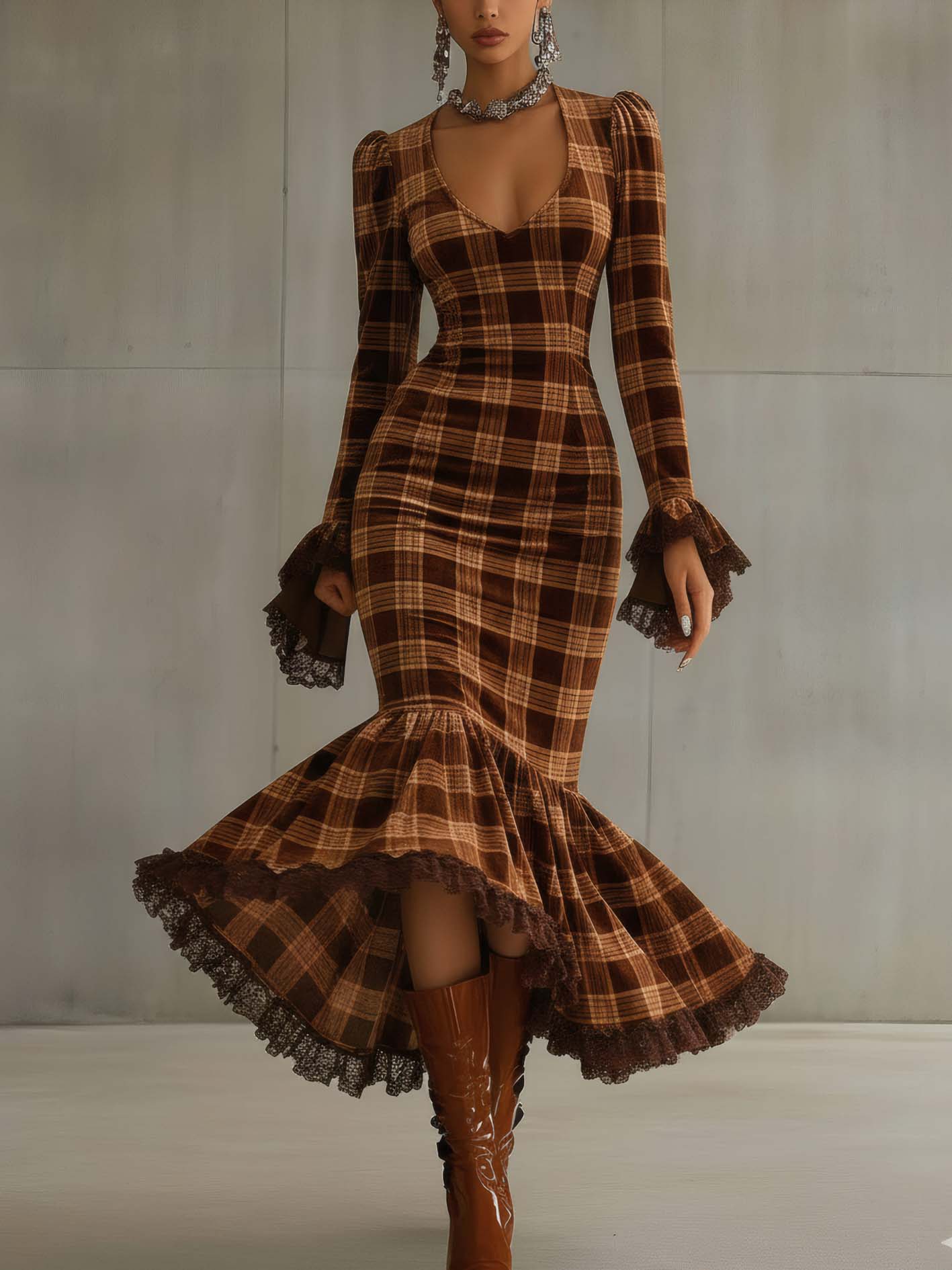Brown Velvet Bodycon Dress With Plaid And Lace
