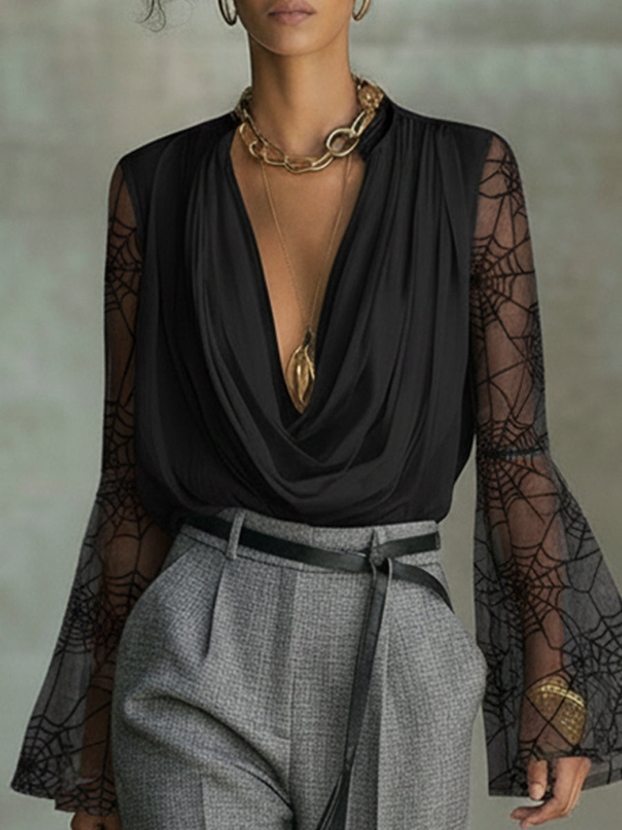 Black Chiffon Relaxed V-Neck Shirt With Flocked Long Sleeves