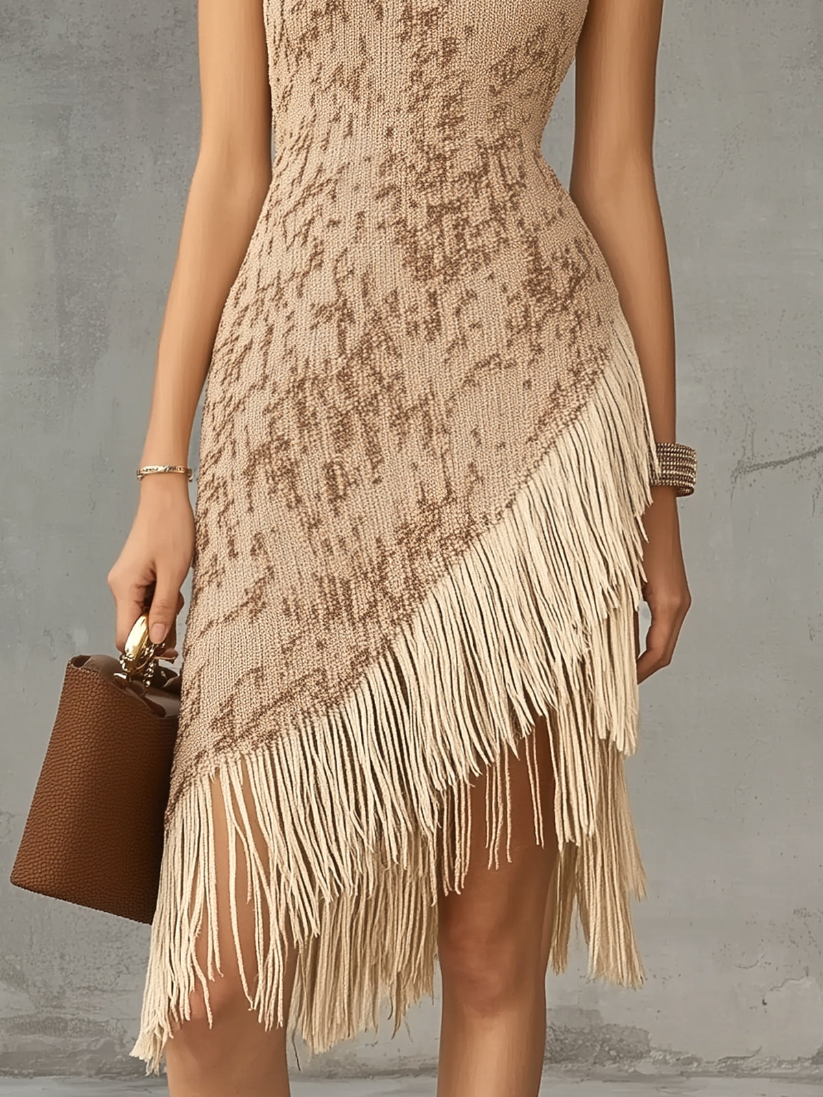 Light Brown Knit Asymmetrical Fringed Hem Sleeveless Midi Dress