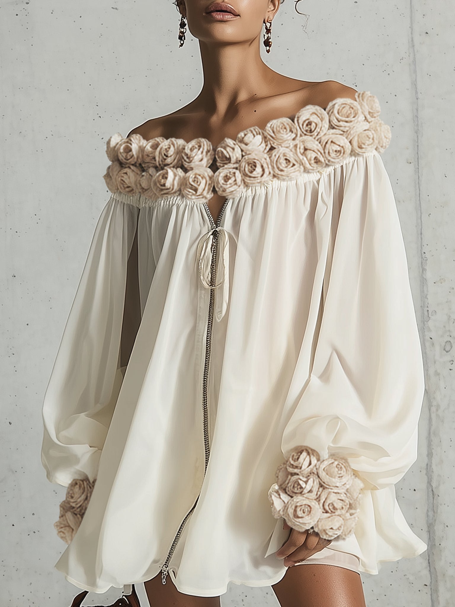 Cream 3D Floral Chiffon Zip Mini Dress