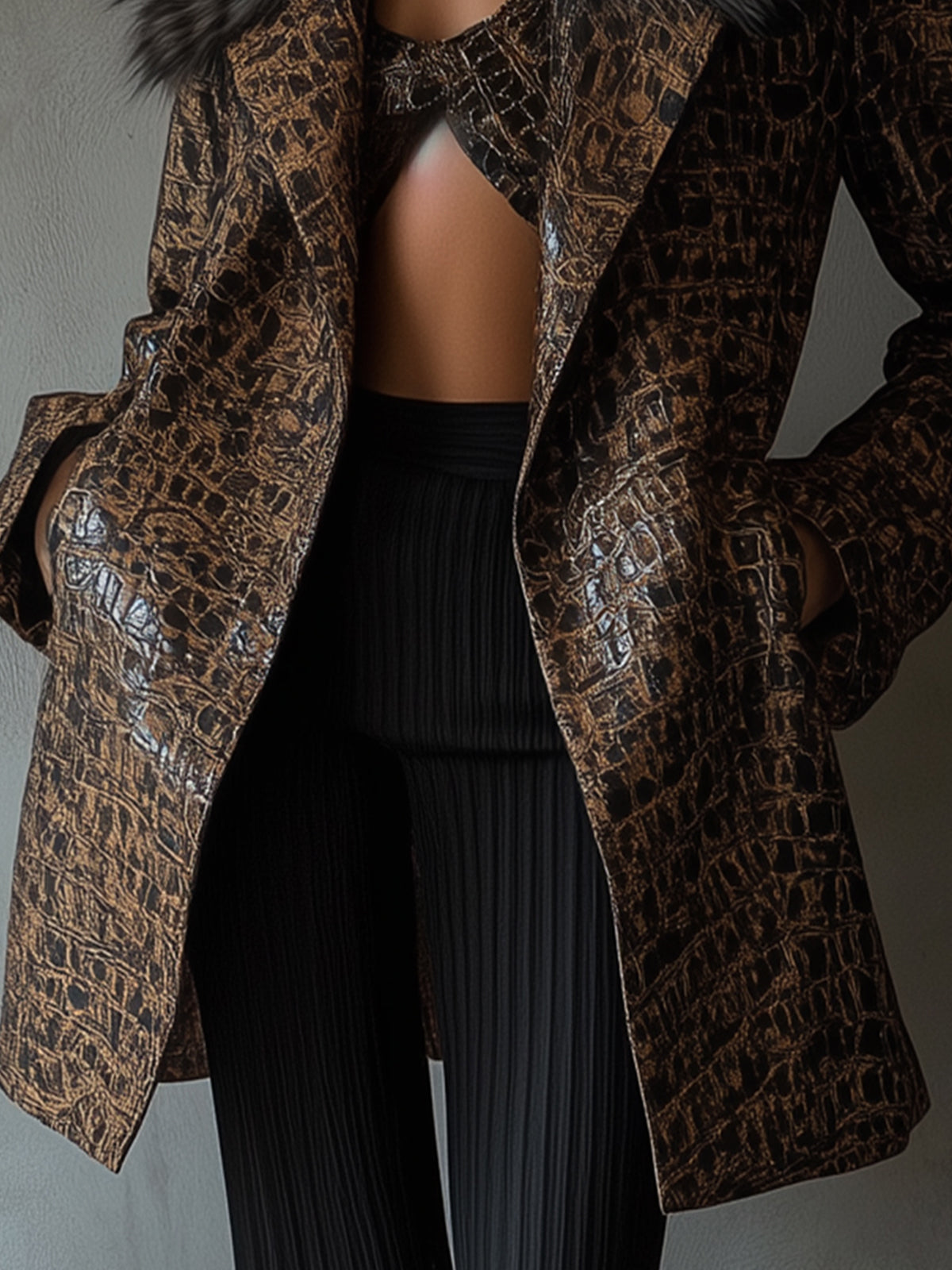 Brown Luxe Crocodile Embossed Faux Leather Coat