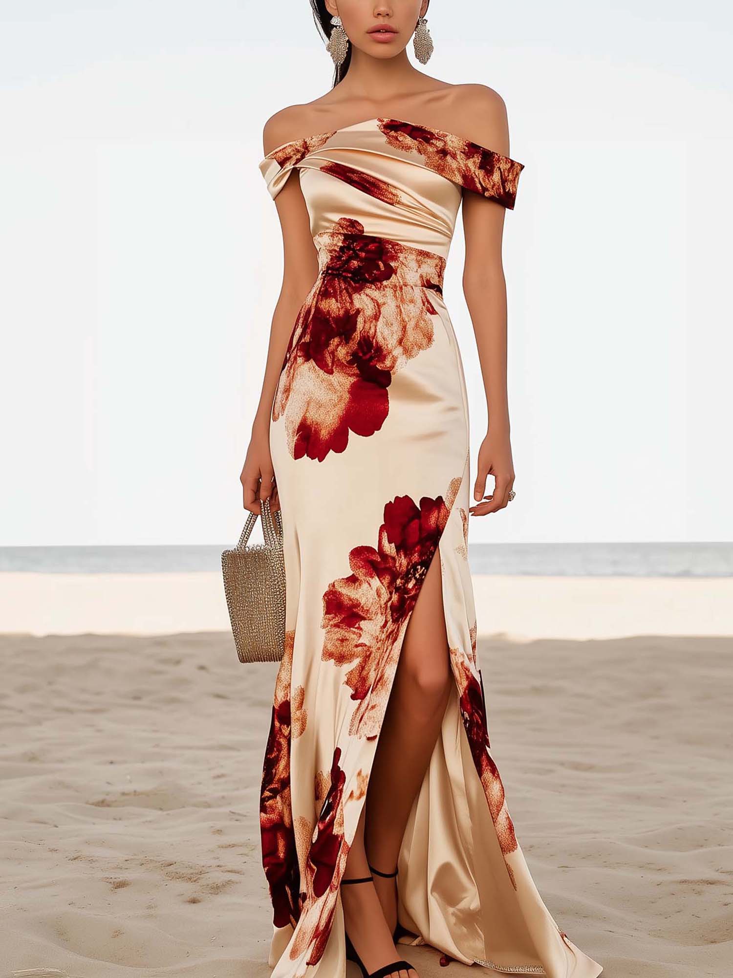Off Shoulder Beige Satin Maxi Dress With Elegant Flowers