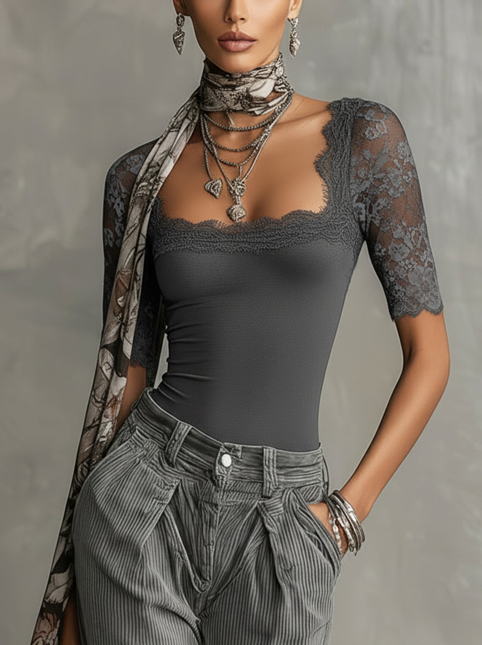 Gray Lace Square-Neck Sheer-Sleeve Shirt