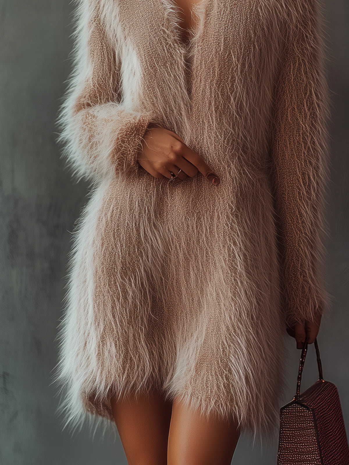 Pink Fuzzy Knit Dress With High Collar And Fluffy Texture