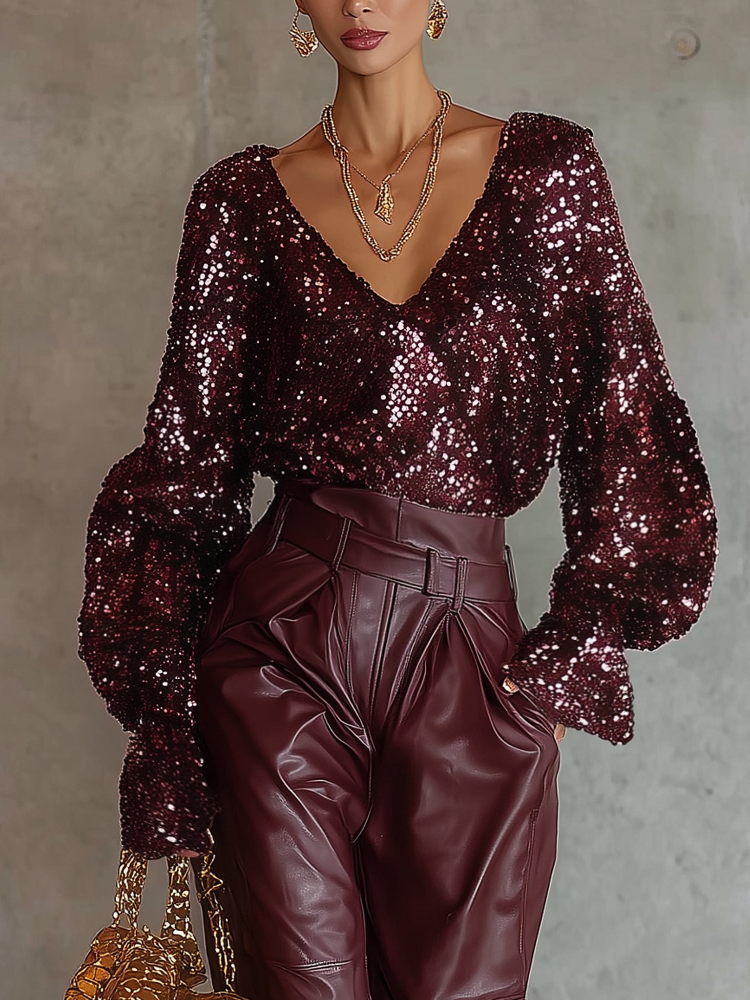 Burgundy Sequin V-Neck Long Sleeve Festive Top