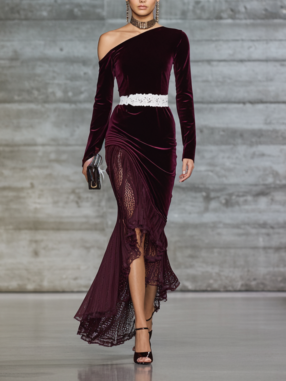 Velvet Lace-Panel Asymmetric One-Shoulder Maxi Dress