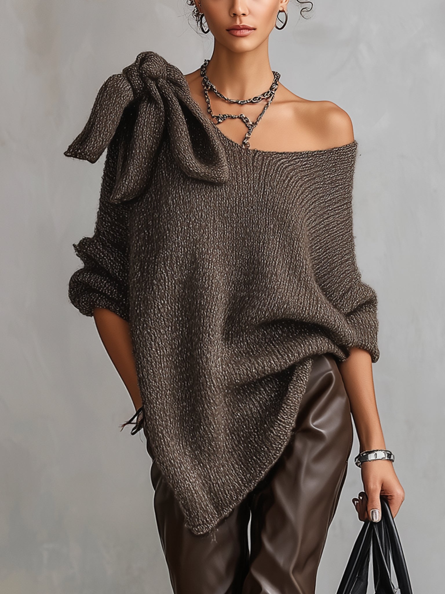 Taupe Loose V-Neck Sweater With Bow Detail