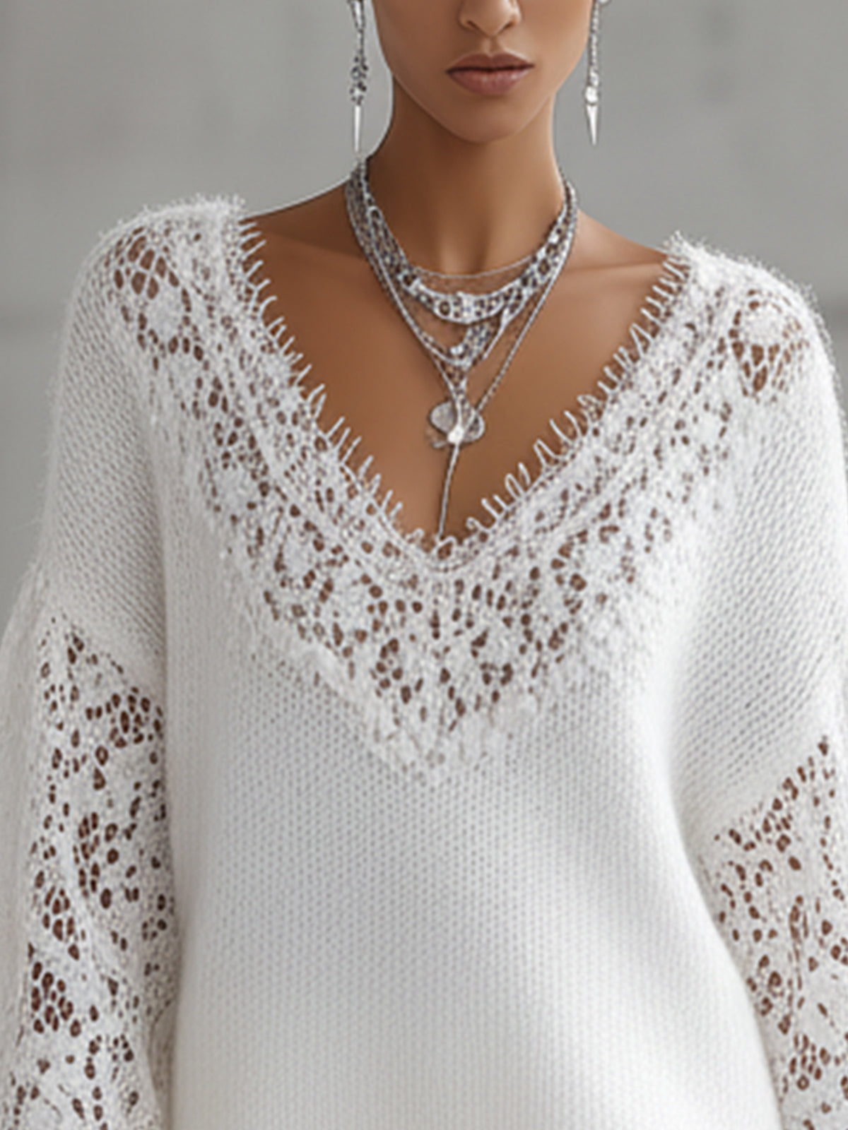 White V-Neck Knit Sweater With Lace Insets And Balloon Sleeves