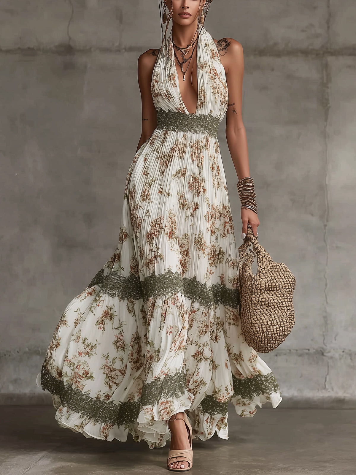 Floral Halter Pleated Maxi Dress With Lace Waist Detail