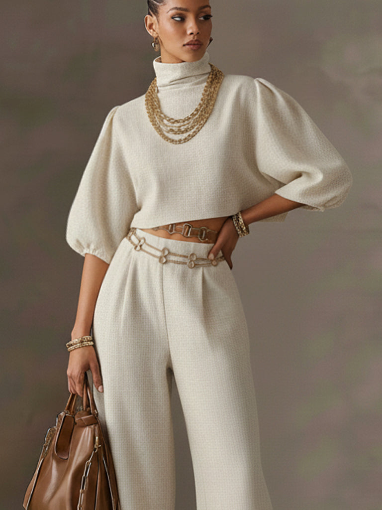 Cream Puff Sleeve Loose Top And Wide Leg Pants Set
