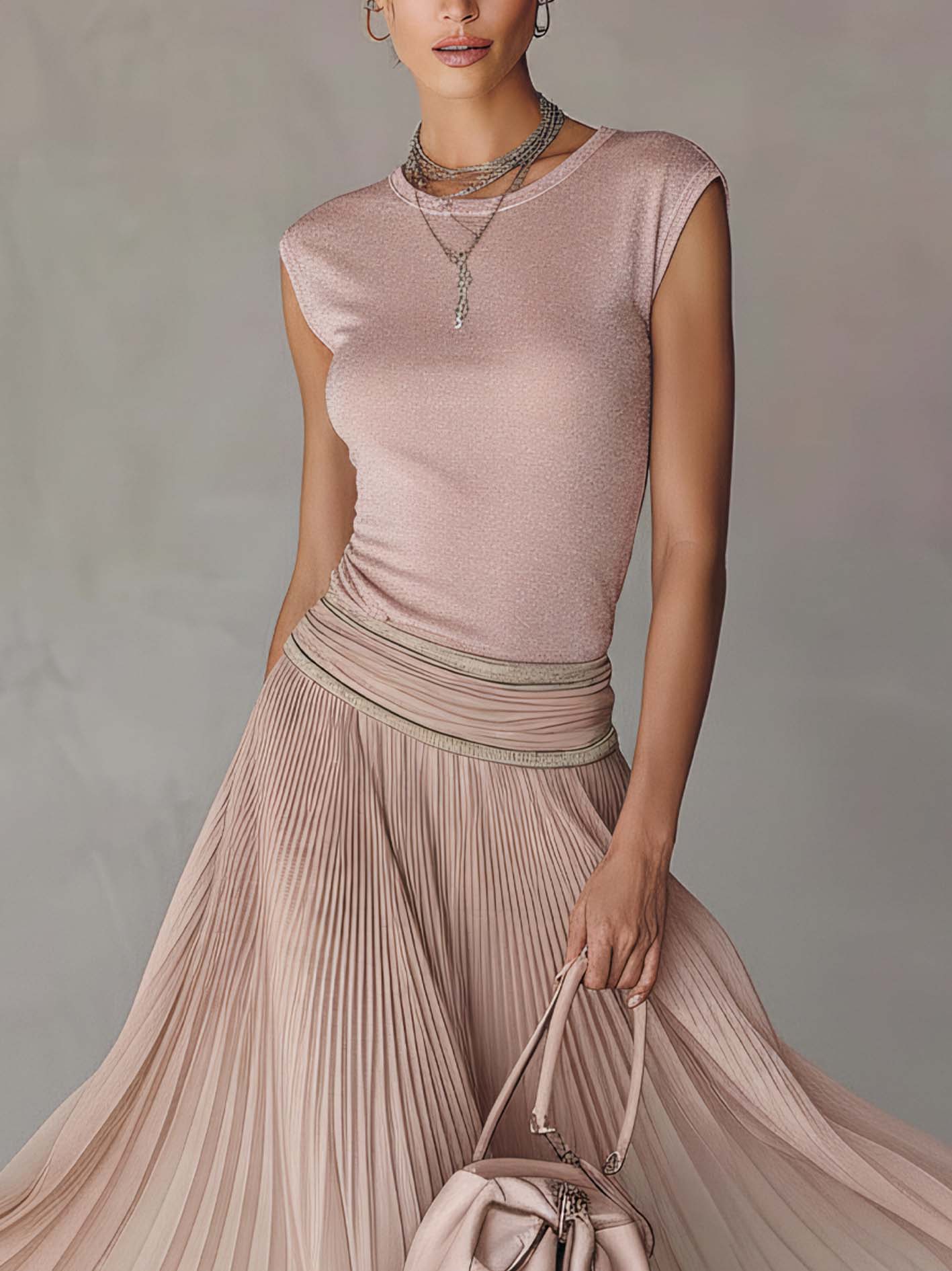 Pink Shimmer Tee And Flowing Midi Pleated Skirt Two-Piece Set