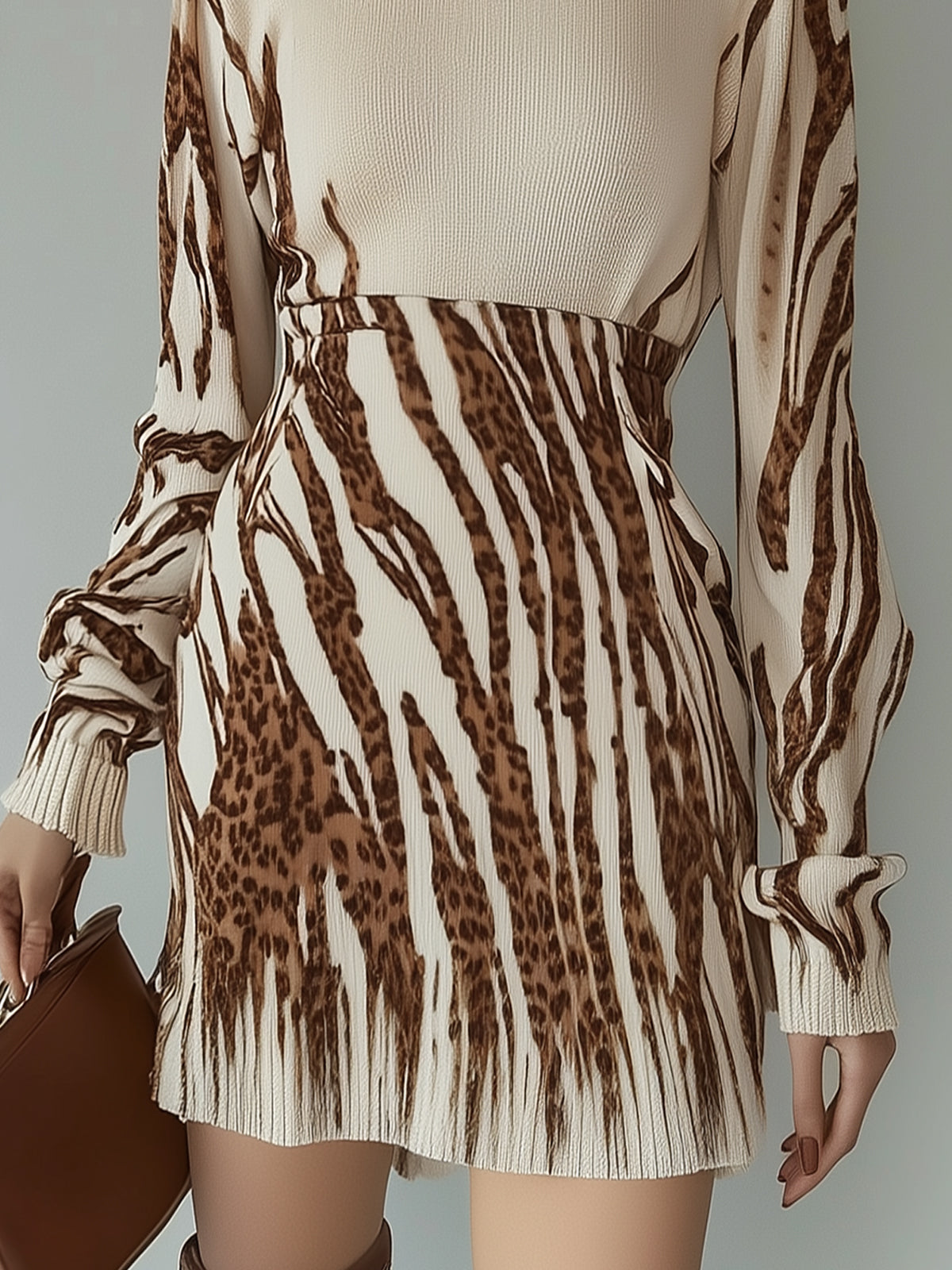 Printed Ribbed Knit Long Sleeve Mini Dress