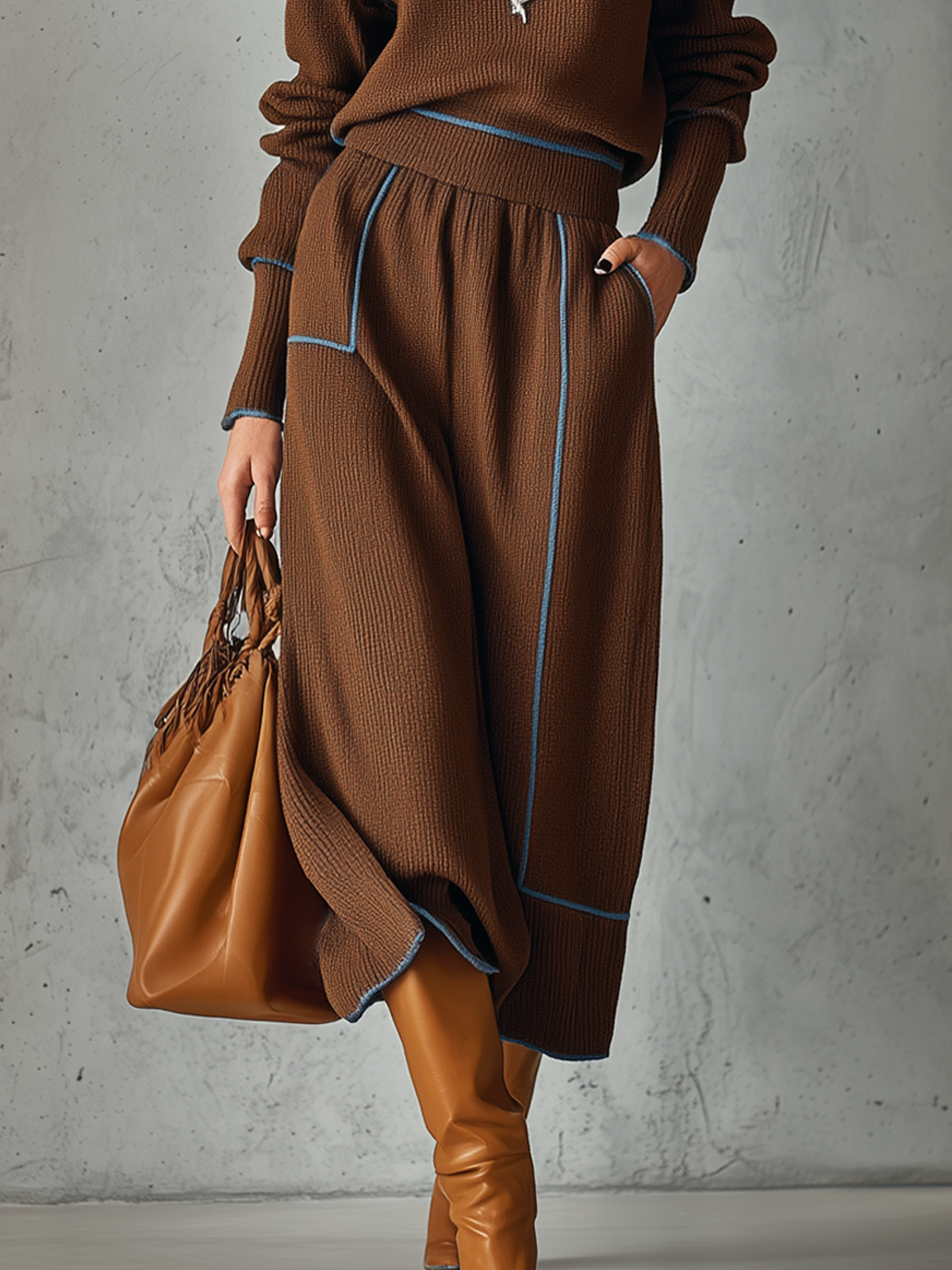 Brown Knitted Turtleneck And Skirt Set With Blue Trim