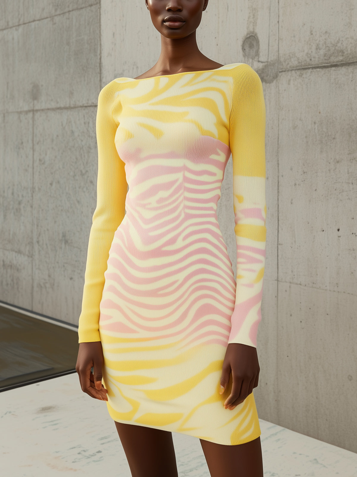 Yellow And Pink Ombre Knit Bodycon Boatneck Long Sleeve Mini Dress