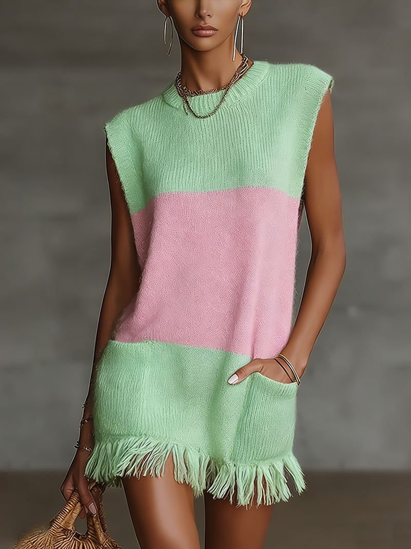 Green And Pink Sleeveless Knit Mini Dress With Fringe Hem