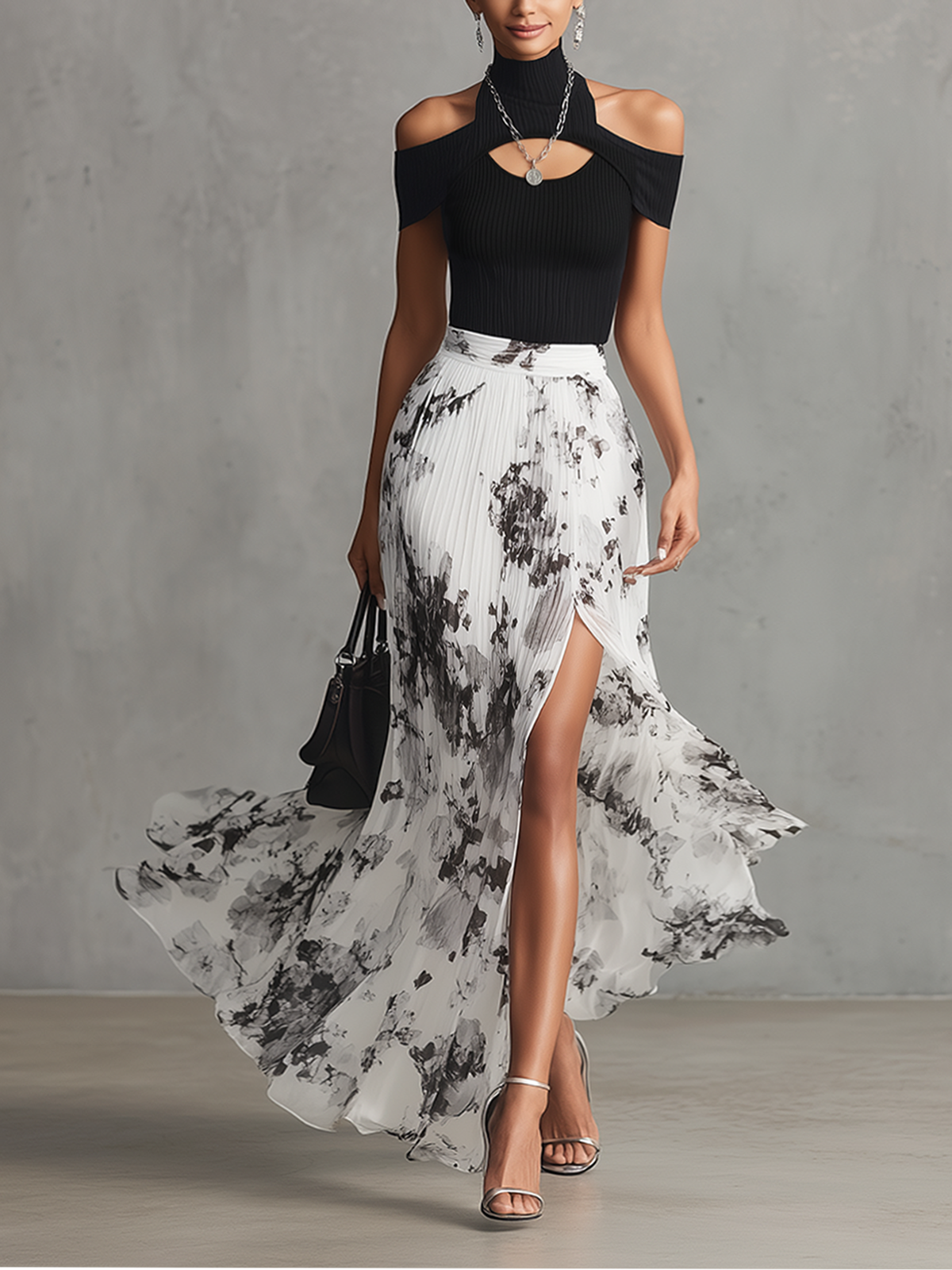Black Cutout Cold Shoulder Top & White Floral Pleated Maxi Dress