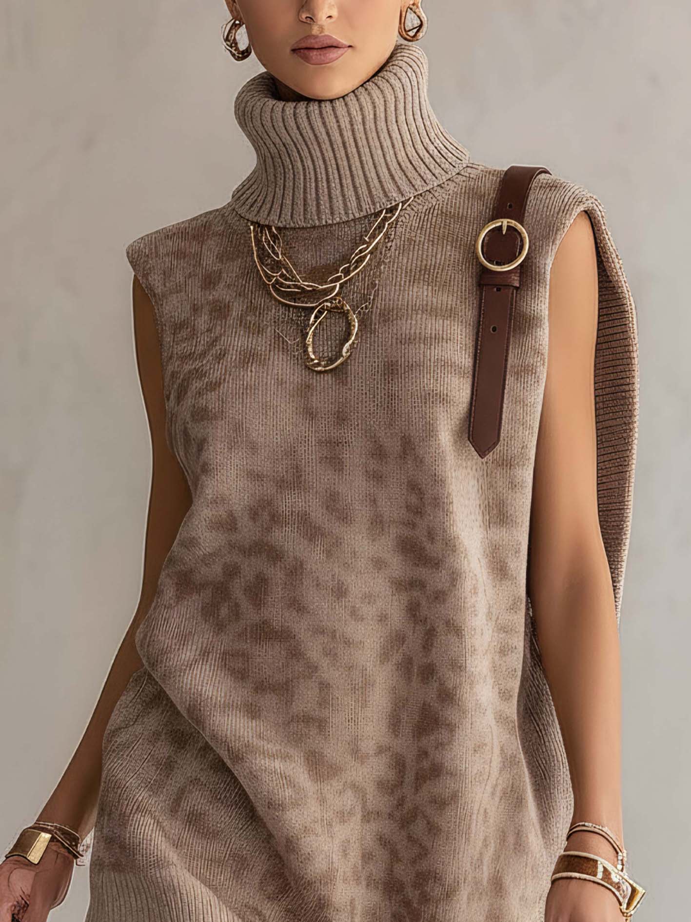 Oatmeal Leopard Knit Sleeveless Mini Dress With Belt Buckle