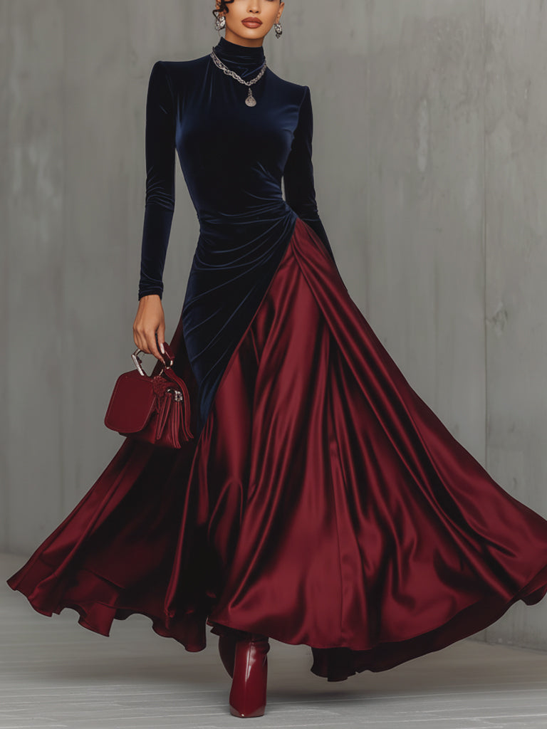 Blue Velvet And Burgundy Satin Color Block Long Dress