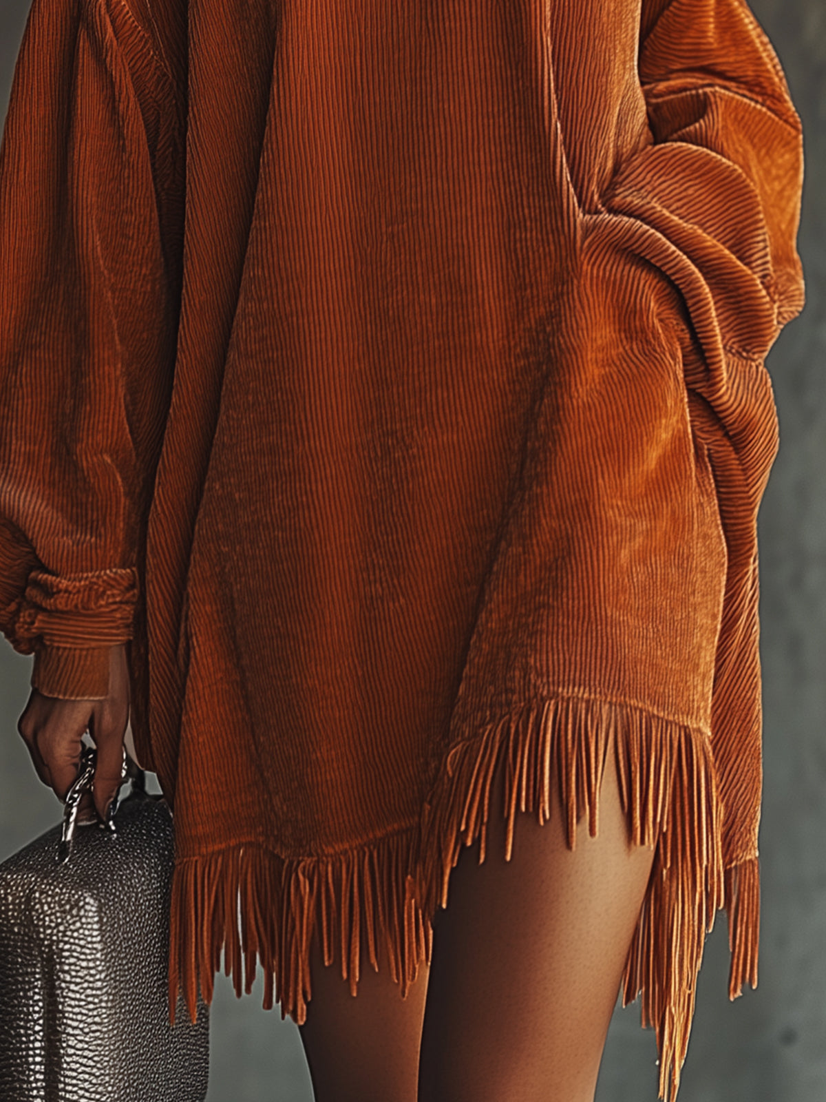 Orange Corduroy Loose Tassel Hem High Collar Dress
