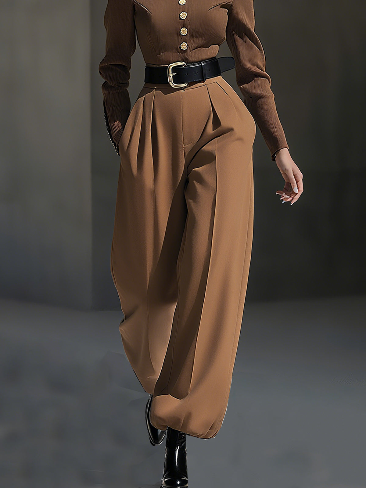 Brown Long-sleeved Top And Pants Set